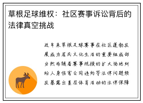 草根足球维权：社区赛事诉讼背后的法律真空挑战