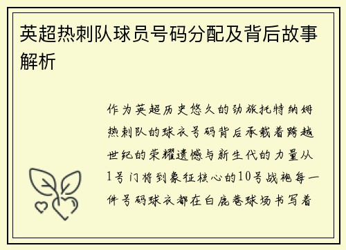 英超热刺队球员号码分配及背后故事解析